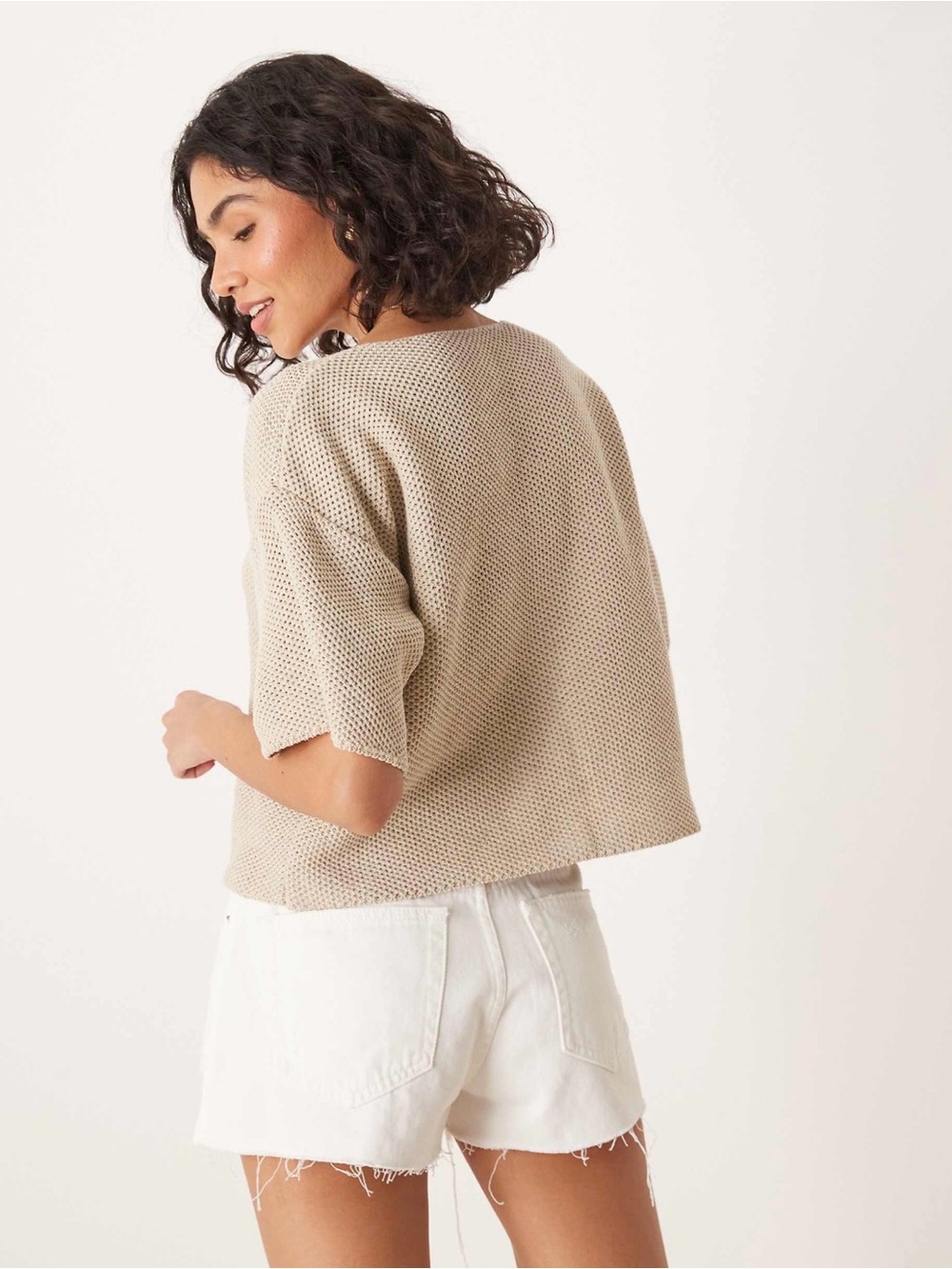 ASOS Beige Button-Front Knit Short Sleeve Cardigan in color Oatmeal - Picture 2 of 2